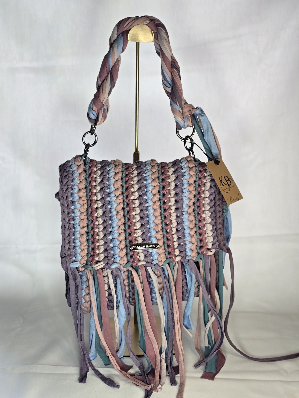 Hand Crafted Pastel Crochet Fringe Shoulder Bag in Pink, Blue, Lavender - Picture 2 of 4
